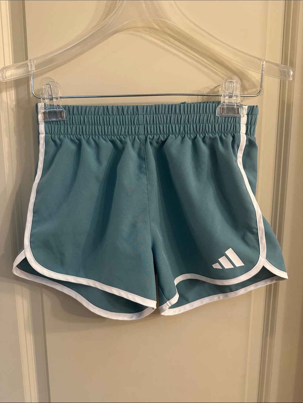 Girls Adidas Coupe Shorts Size 10/12 Muted Teal with White Trim